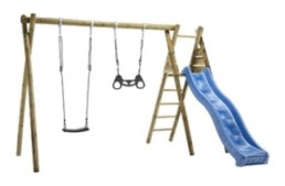 Nordic Play gyngestativ med platform, gynge, trapez og blå rutsjebane, nedgraves